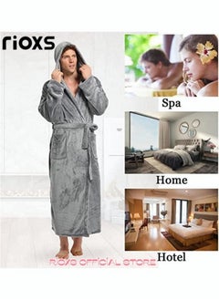 Buy Men's Hooded Fleece Robe Plush Collar Bath Towel Shawl Soft Long Bathrobe Warm Flannel House Robe Fleece Spa Robes Loungewear in Saudi Arabia