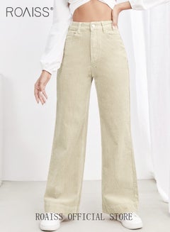 Buy High Waist Wide Leg Pants for Women Pure Cotton Corduroy Soft Elastic Trousers Ladies Mom's Slant Pocket Long Pants Casual Plain New Arrival Trendy Straight Baggy in UAE