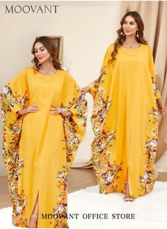 اشتري Muslim Abaya for Women Loose Floral Printed Maxi Dress Dubai Pendant Bat Sleeves Turkey Caftan Clothes Yellow في السعودية