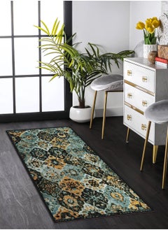 Buy Polyester Rug Runner Ethnic Grunge Pattern Anti Skid, Stain Resistant Indoor Area Rug Runner 625 x 1525 cm size With Latex Backing, Teal and Mustard in UAE