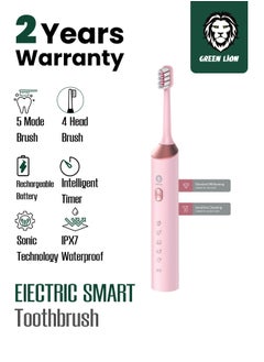 Buy Electric Toothbrush with 5 Modes & 4 Brush Heads, Suitable For Sensitive & Color Teeth, Standard Whitening, Intelligent Timing, Slim Design, IPX7 Waterproof - Pink in UAE