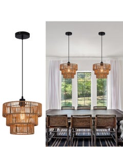 Buy Farmhouse Rattan Pendant Light Fixture Vintage Boho Hand-Woven Bamboo Pendant Lighting Retro 30cm Mini 3-Tier Drum Wicker Brown Pendant Light for Kitchen Island, Dining Room, Bedroom in Saudi Arabia