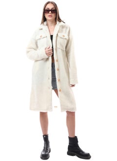 Buy Off-White Wool Long Coat with Classic Collar in Egypt