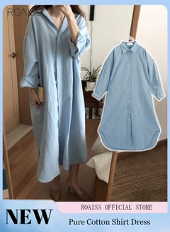 Buy Women'S Casual Cotton Shirt Dress Classic Polo Collar Long Sleeve Button Open Closed Shirt Cardigan Loose Sunscreen Solid Color Dress in Saudi Arabia