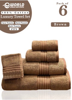 Buy 6-piece 100% Cotton Towel Set with Elegant Braided Design, 600 GSM for Ultimate Softness and Absorbency, Includes 2 Bath Towels, 2 Hand Towels and 2 Face Towels with Hotel & Spa Quality in Brown in UAE