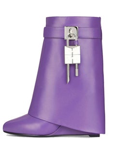 Buy Women's Stylish Fold Over Ankle Boots Pointed Toe Wedge High Heels Short Tube Boots Purple in Saudi Arabia