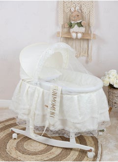 اشتري Baby crib Moses iron basket sugar color decorated with luxurious lace for newborns with wooden stand with wheels white color في السعودية