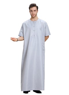 اشتري Men's Solid Color Round Neck Short Sleeve Abaya Thobe Islamic Arabic Kaftan Grey في السعودية