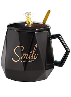 Buy UKR Smile Premium Ceramic Coffee Mug with Spoon and Lid – Stylish Black Water Cup for Office & Home Use | Durable Tea & Coffee Mug with Lid for Hot Drinks | Office & Kitchen Mug Set in UAE