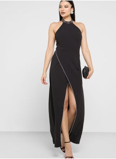 Buy Embellished Neck Halter Dress With Slit in UAE