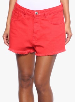 Buy Button-Front Denim Shorts Red in UAE