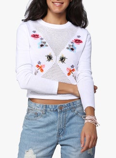 Buy Embroidered Crop Crew Neck Sweater White in Saudi Arabia