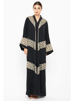 Buy Polka-Dot Printed Detailing Abaya Black/Beige in UAE