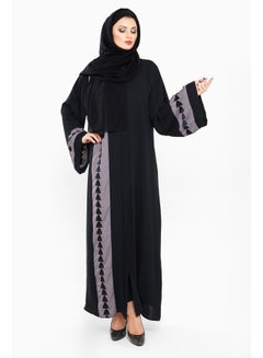 Buy Stripe And Embroidered Abaya Black/Grey in UAE