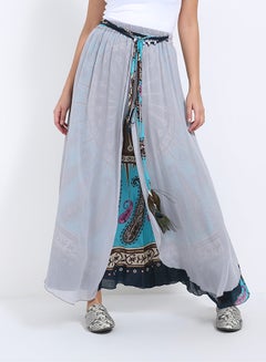 Buy Nepalese Sari Inspired Maxi Skirt Gray and Colorful Print in UAE