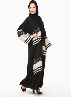 اشتري Striped Abaya With Lace أسود/كريم في الامارات