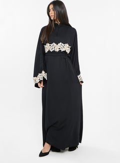 Buy Classy Abaya With Floral Crochet Lace Detailing Black in UAE