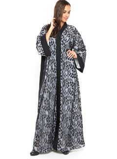 Buy Simple Yet Elegant Abaya With Floral Print Detail Black/White in UAE