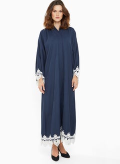 Buy Casual Abaya With Embellished Lace Work Along Sleeves Blue in UAE