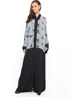 Buy Abaya With Floral Print Detail On The Upper Half Black/Grey in UAE