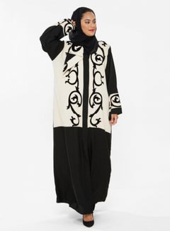 Buy Abaya With Leafy Embroidery By Sleeves And Closing Black/White in UAE