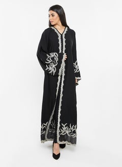 Buy Leafy Crochet Embroidery Detail Abaya Black in UAE