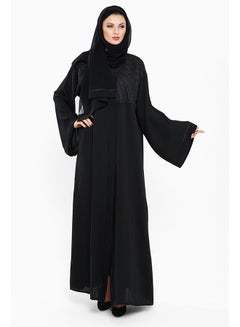 Buy Casual Abaya With Self Embroidery At The Top Half Black in UAE