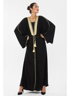 اشتري Rich Abaya With Lace Detail And V-Neck With Thread Lining أسود في الامارات