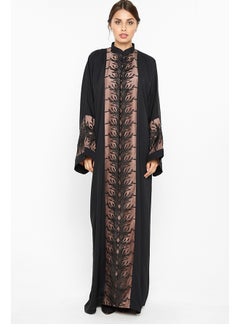 Buy Abaya With Print Detailing Black/Rose Gold in UAE