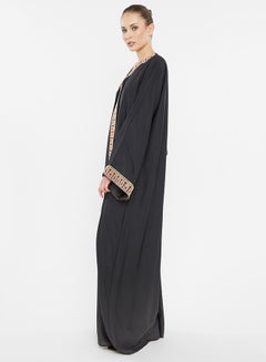 Buy Moroccan Style Abaya With Lace By The Closing And Sleeves Black in UAE