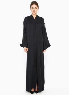 Buy Abaya With Floral Pearl Embroidery By The Shoulders Black/White in UAE