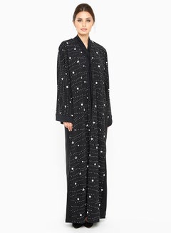 Buy Simple Self Printed Abaya With Scattered Polka Dots And Flowers Black in UAE