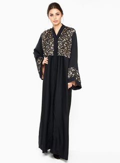 Buy Classy Abaya With Floral Knitted Net Lace Lining Detail Black in UAE