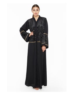 Buy Floral Velvet Detailed abaya Black in UAE