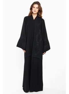 Buy Embellished lace sleeve Abaya Black in UAE