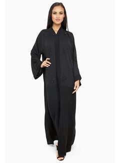 Buy Pearl Embroidered Floral Embellished Abaya Black in UAE