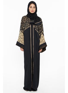 Buy Dust Abaya With Floral Net Prints By Neckline And Sleeves Black in UAE