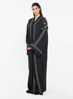 Buy Leafy-Floral Crochet Embroidery Abaya Black in UAE