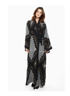 Buy Casual Printed Abaya With Embellished Embroidered Detailing Black/Silver in UAE