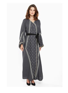 Buy Classy Wrap Style Abaya With Embroidered Detailing Grey in UAE