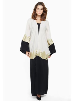 Buy Classy Coat Style Abaya With Embellished Lace Work Along Midway And Sleeves Black/Beige in UAE