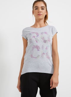 Buy Printed Round Neck Casual T-Shirt Grey/Pink/Blue in Saudi Arabia