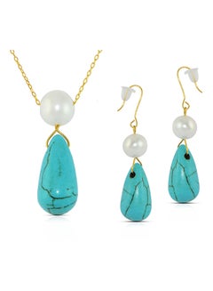 Buy 10K Gold Pearl And Turquoise Necklace Set in UAE