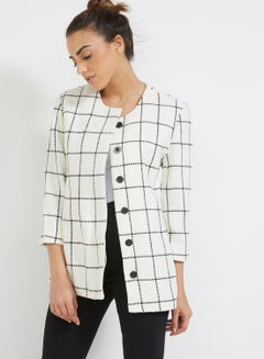 Buy Checked Three-Quarter Sleeve Jacket White in UAE