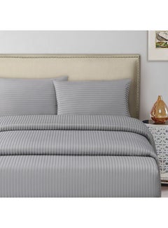 Buy 3-Piece Striped Bed Sheet Set Cotton Grey in UAE
