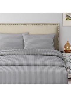 Buy Queen Bed Sheet 3pcs Set , 100% Cotton 250Tc Sateen 1cm Stripe , Size: 240 x 260cm + 2pc Pillowcase Cotton Silver 50x75cm in UAE