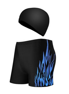Buy 2-Piece Swim Shorts Cap Beach Swimming Suit Set Blue/Black in Saudi Arabia