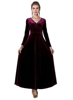 Buy Solid Velvet Draped Long Sleeve A-Line Dress Wine Red in Saudi Arabia