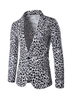 Buy Lapel Leopard One Button Long Sleeve Blazer Black/White in UAE
