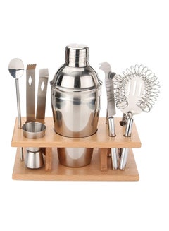 Buy 8-Piece Cocktail Shaker With Wood Stand Bar Set Silver in UAE